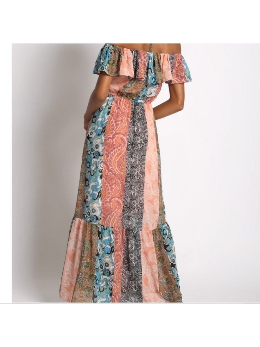 BOHO OFF SHOULDER PATCH PRINT MAXI DRESS Flounce Tie Waist Sz: L - Picture 5 of 6